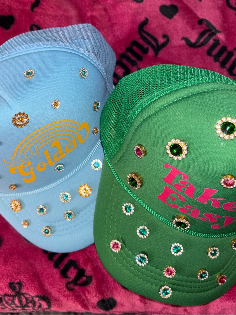 Blue and Green Rhinestone women Caps - Playful Embellished Trucker Hats